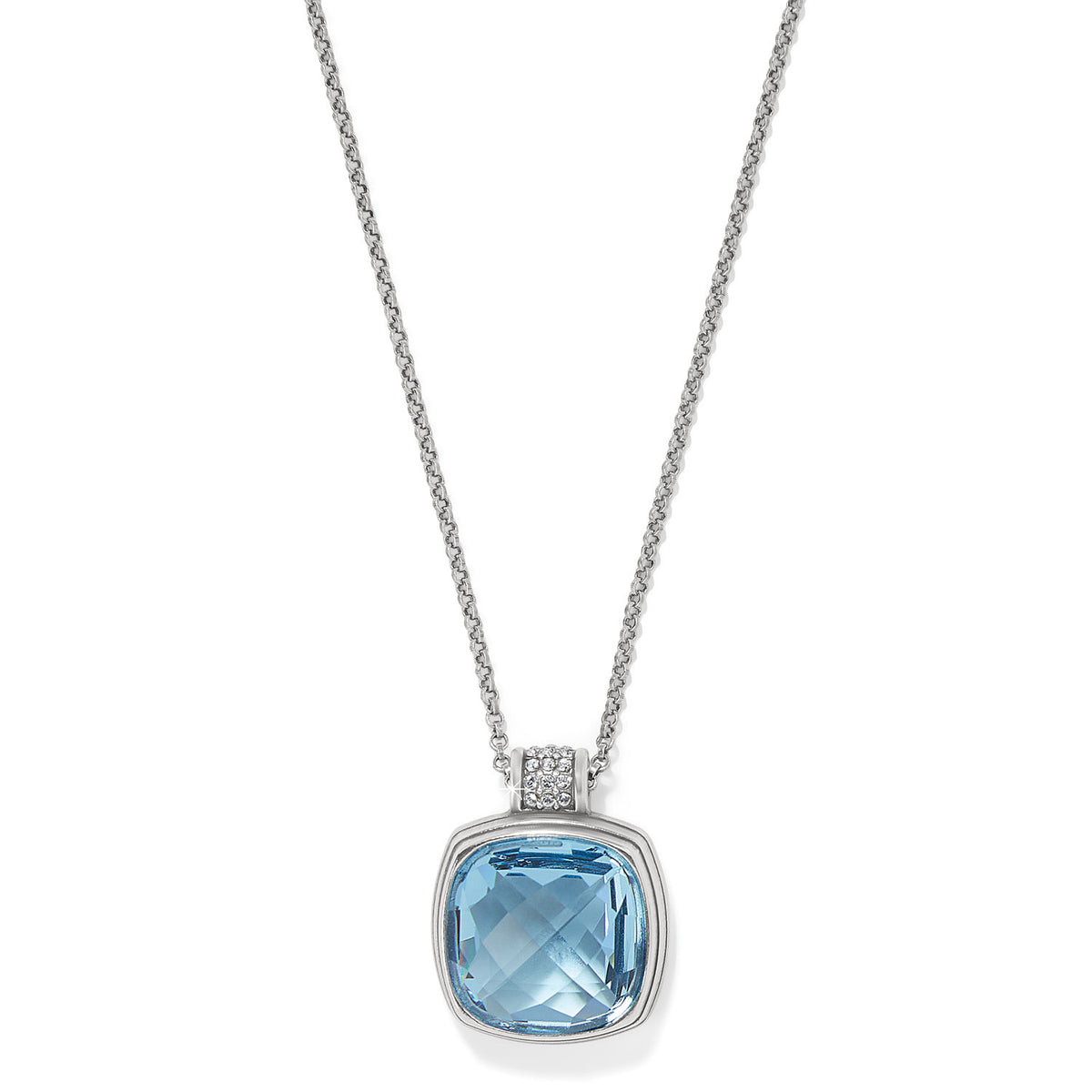 Silver plated Meridian Aurora large necklace with hand-set aqua crystal pendant on adjustable chain