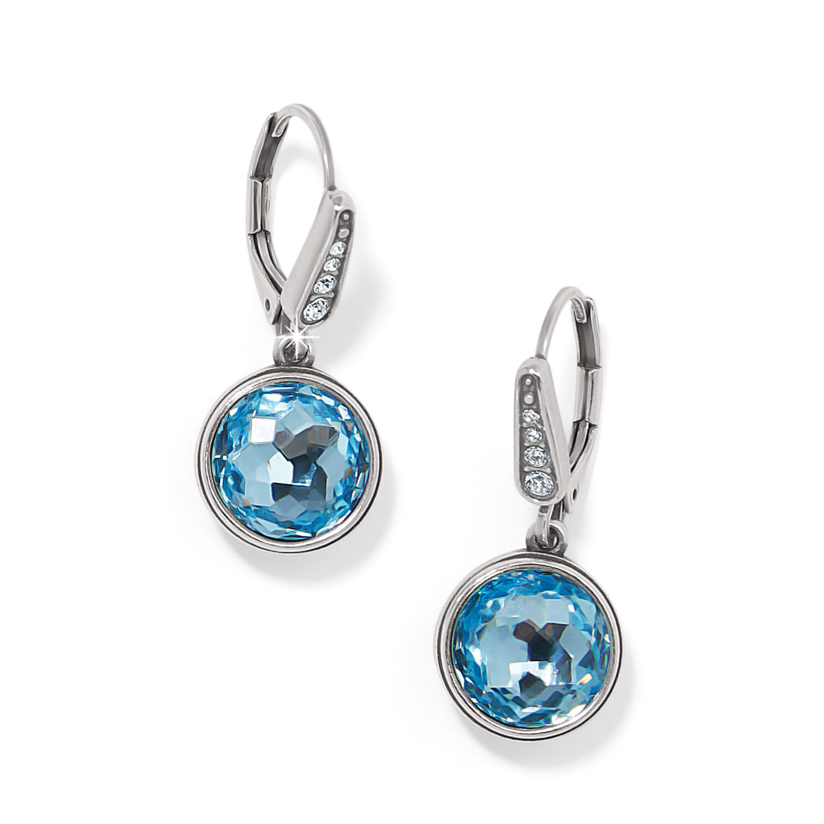 Silver plated leverback earrings featuring fine aqua crystal stones inspired by the Aurora Borealis.