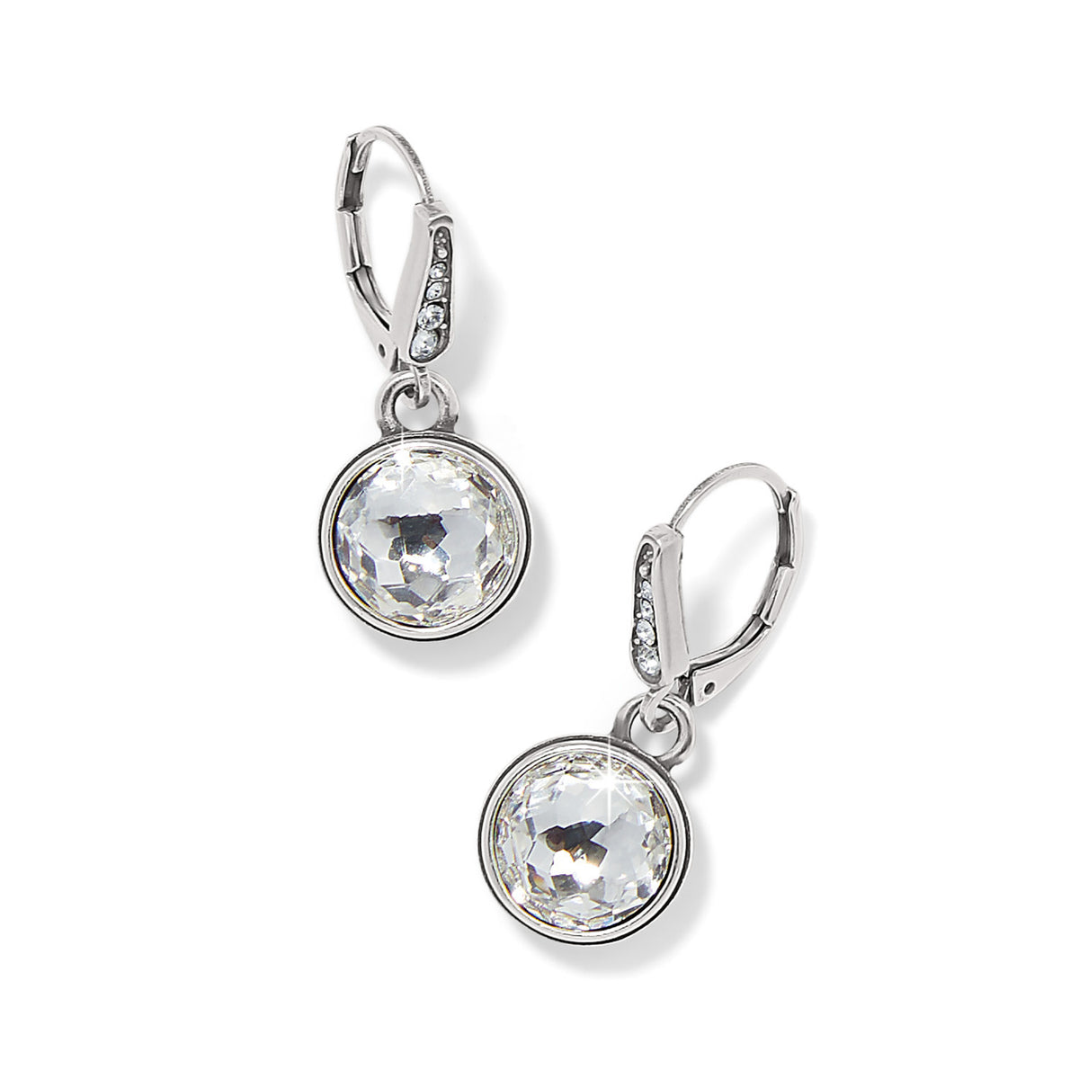 Silver plated leverback earrings featuring fine crystal stones in aurora borealis hues.