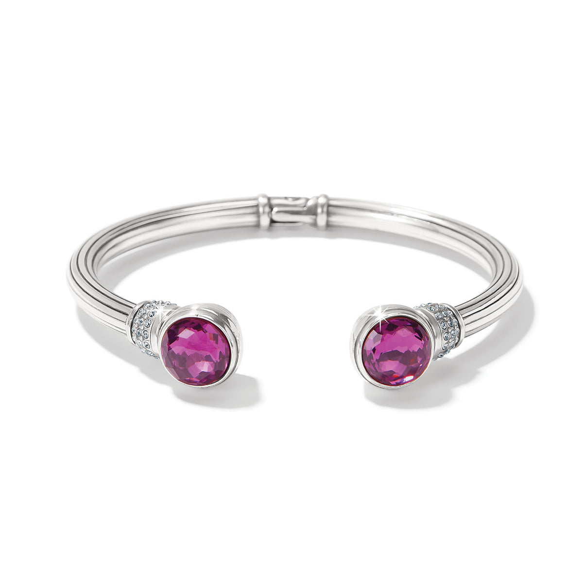 Silver plated hinged bangle with amethyst European crystals in a golden shadow hue.