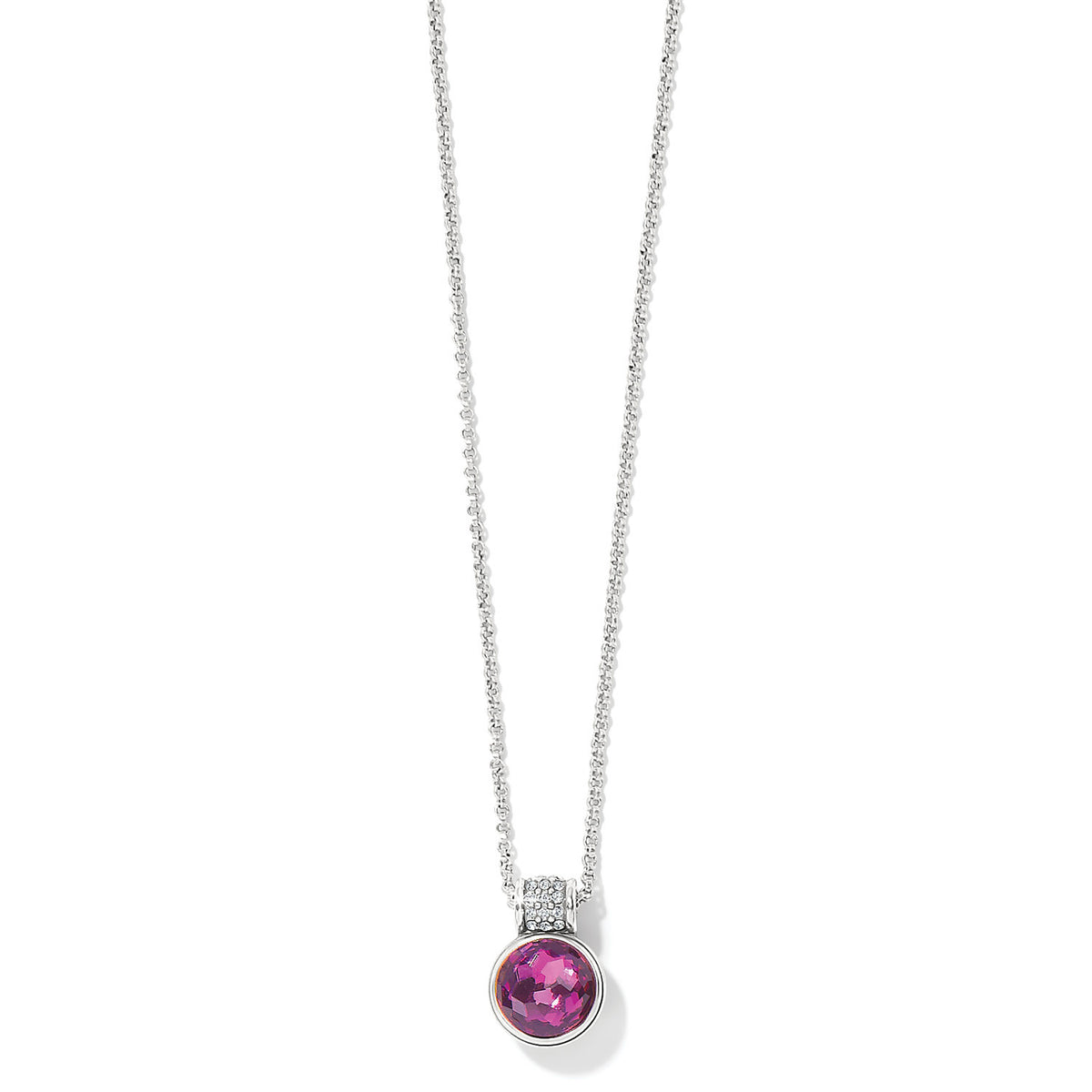 Silver plated petite necklace with hand-set amethyst European crystals in a diamond-white hue and pave crystal cap.