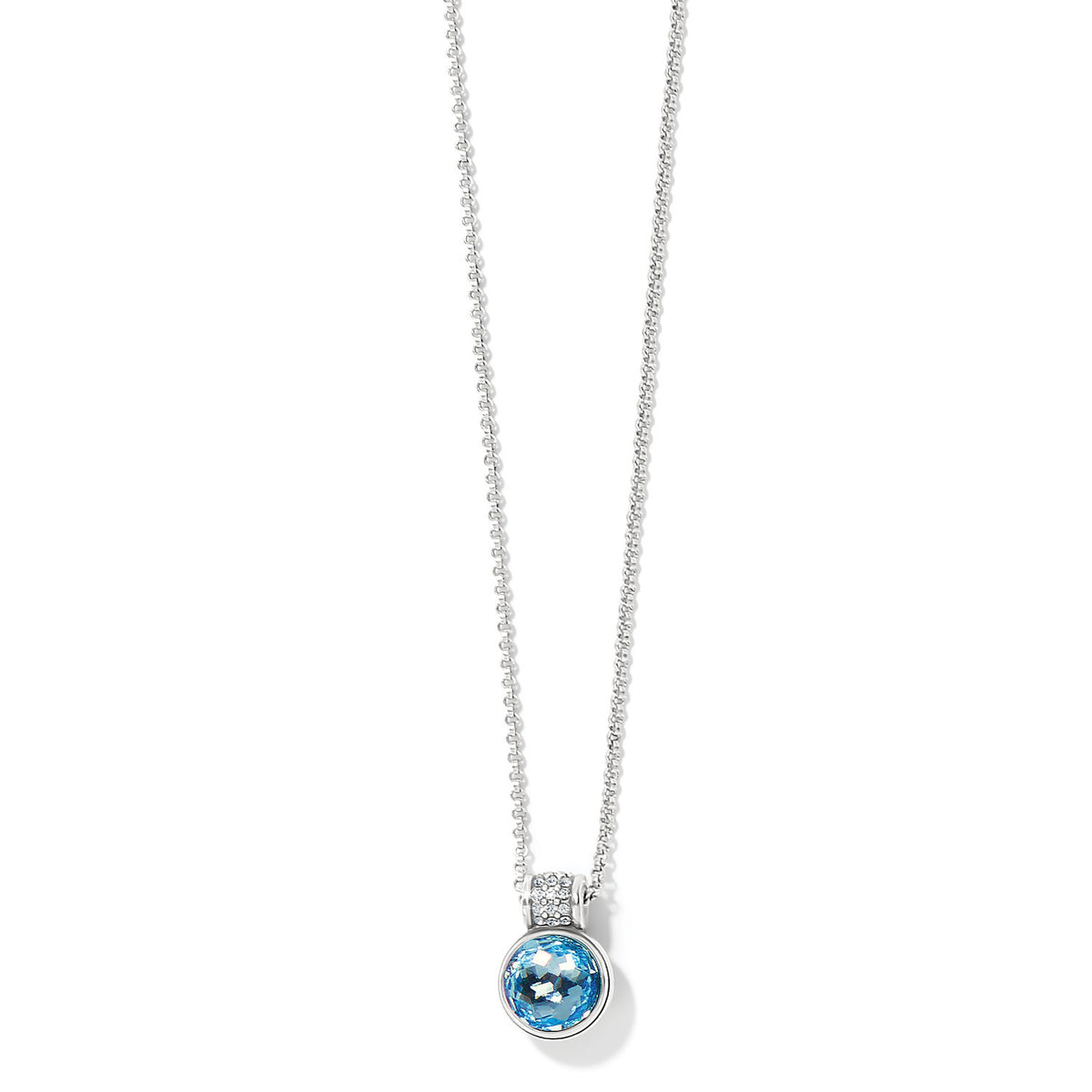Silver plated petite necklace with diamond-white European crystals in an Aurora Borealis finish and pave crystal cap.