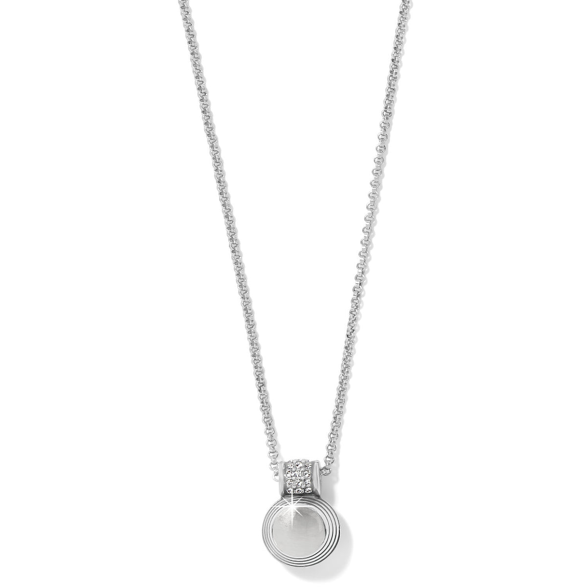 Silver plated petite necklace with hand-set European crystals in diamond-white hue capped with pave stones.