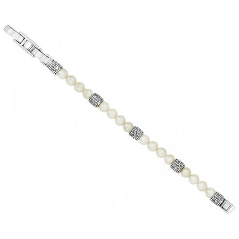 Silver-plated adjustable bracelet featuring fine quality crystals and glass pearls with a fold-over clasp.