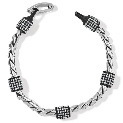 Adjustable black resin bracelet with silver-plated finish featuring pave crystal stations.