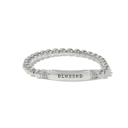 Silver plated stretch bracelet with a 'blessed' message on the front.