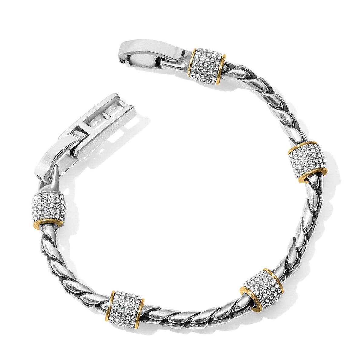 Two-tone silver and gold adjustable bracelet featuring pave Swarovski crystals on barrel stations with a fold-over clasp.