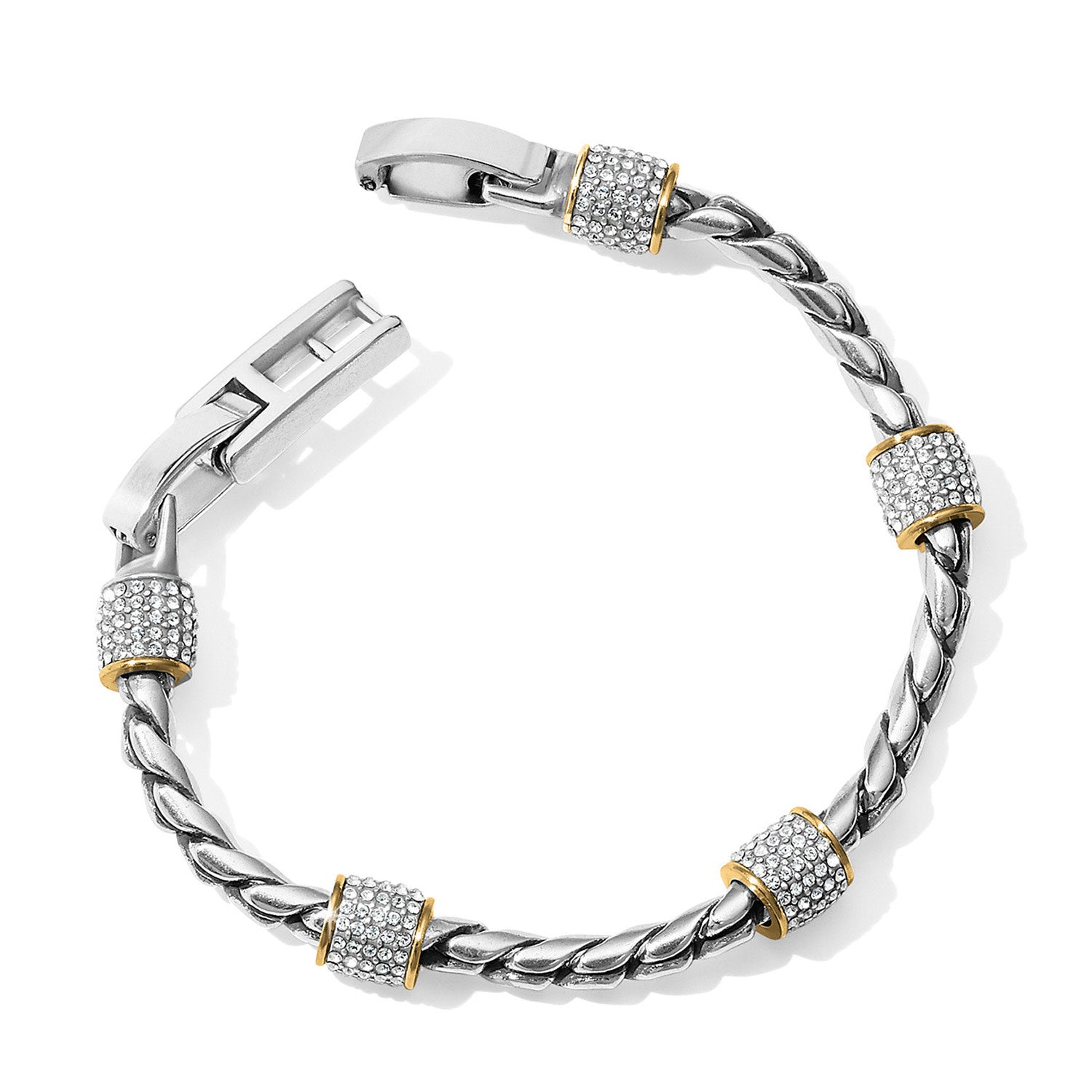Two-tone silver and gold adjustable bracelet featuring pave Swarovski crystals on barrel stations with a fold-over clasp.