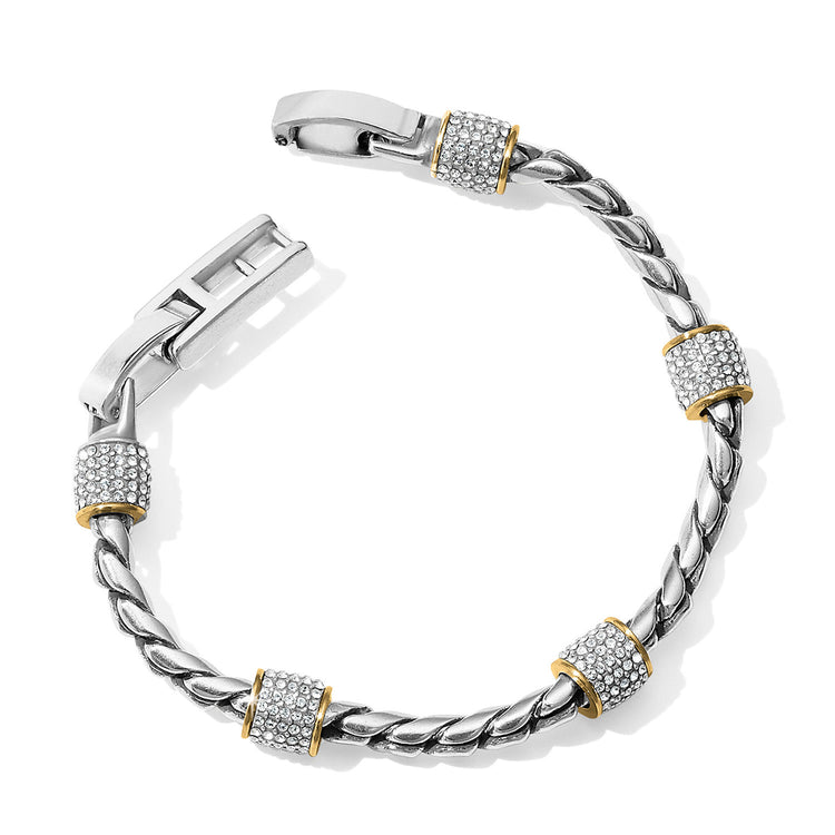 Two-tone silver and gold adjustable bracelet featuring pave Swarovski crystals on barrel stations with a fold-over clasp.