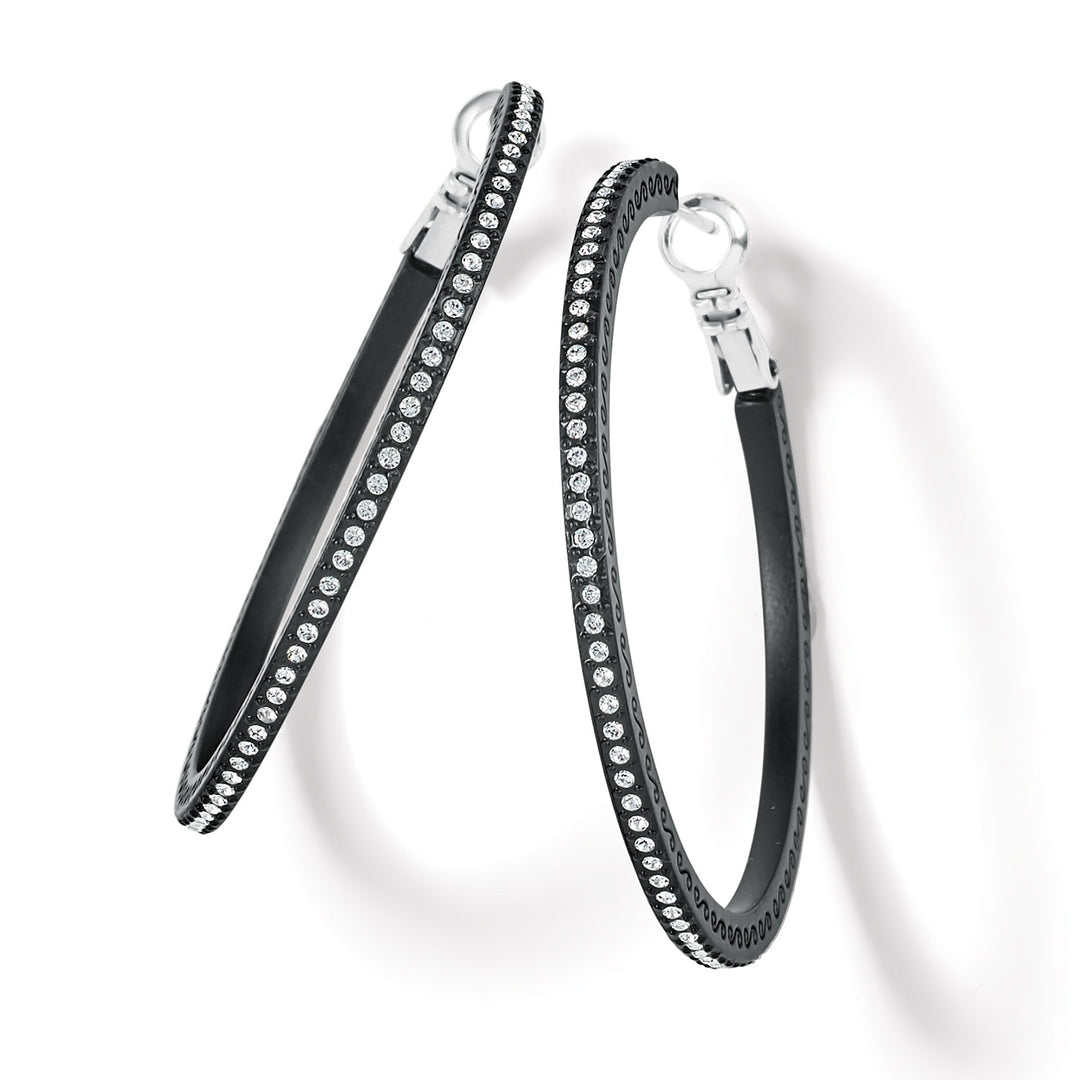 Black lacquer hoop earrings with fine crystal pave detailing on a post lever back.
