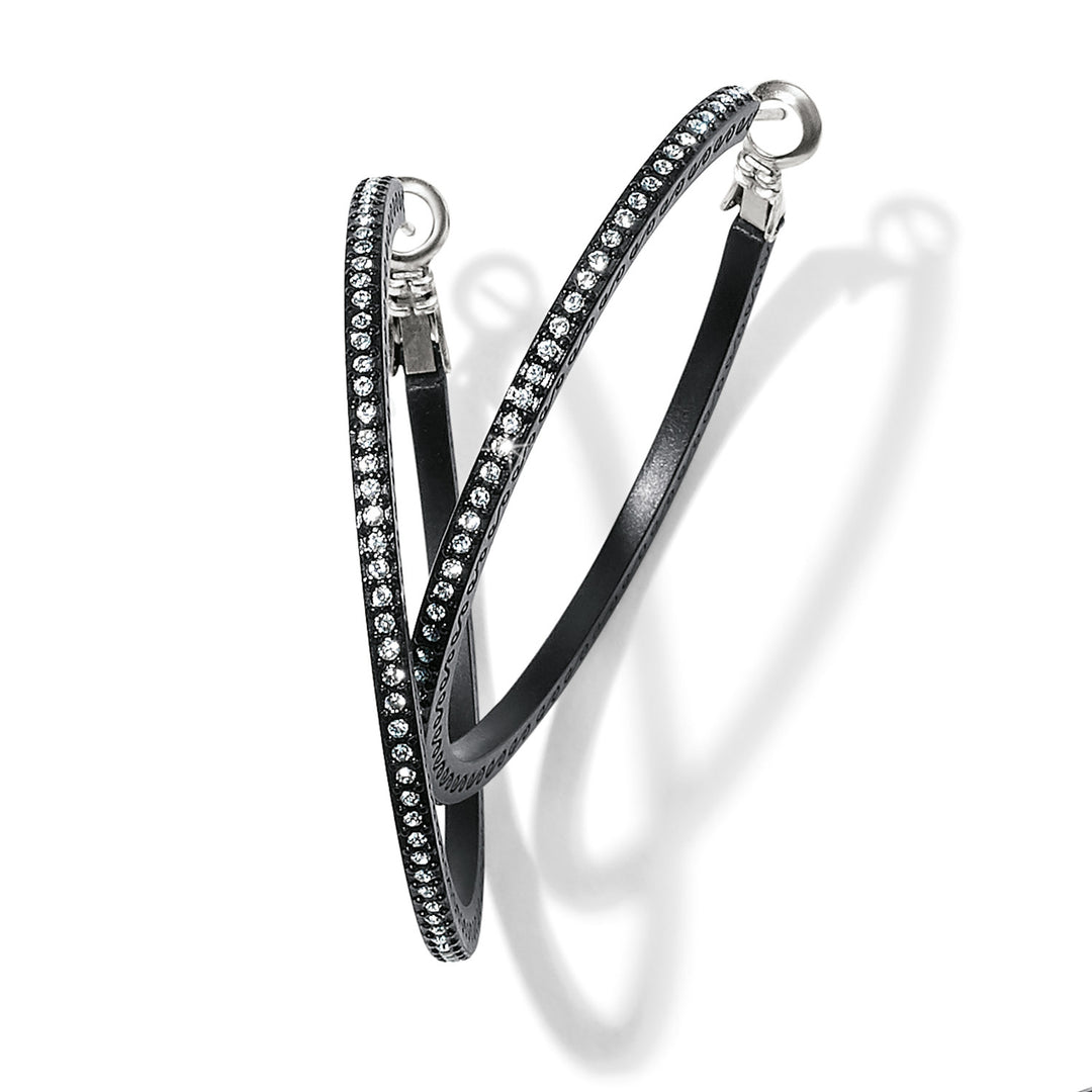 Black lacquer hoop earrings with fine crystal pave details on a post back.
