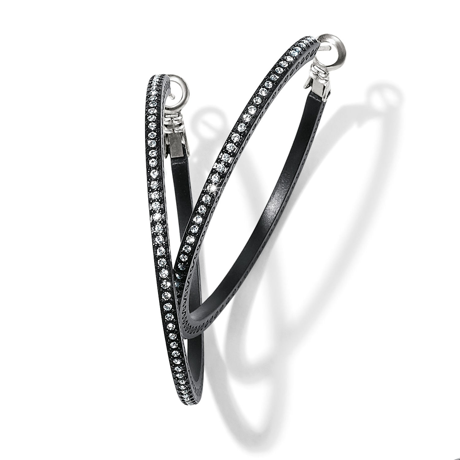 Black lacquer hoop earrings with fine crystal pave details on a post back.