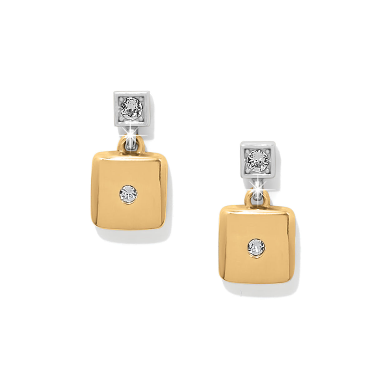 Silver-gold two-tone post drop earrings featuring fine quality crystals with a flat disc back.
