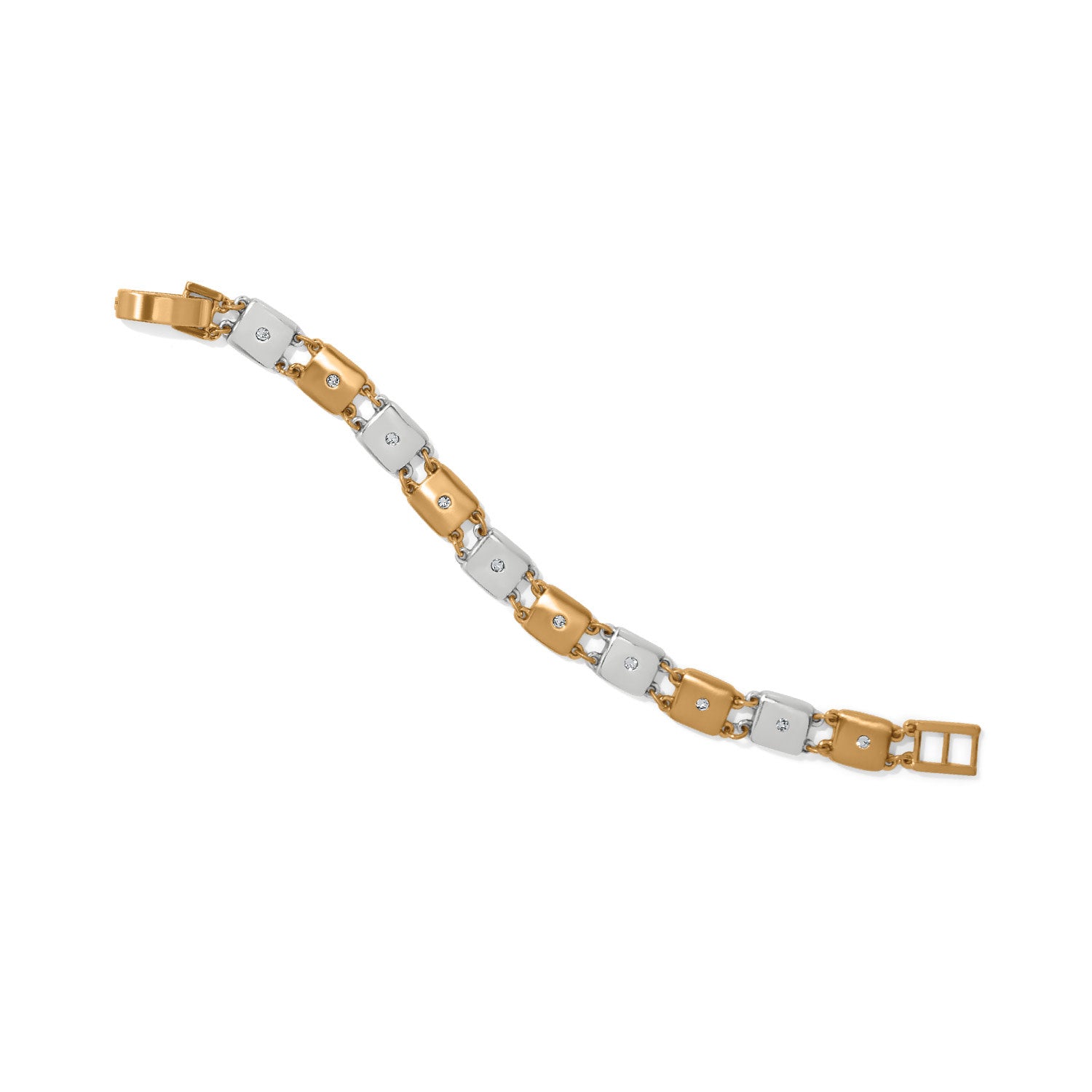 Adjustable two-tone silver and gold bracelet featuring fine quality crystals with a fold-over clasp.