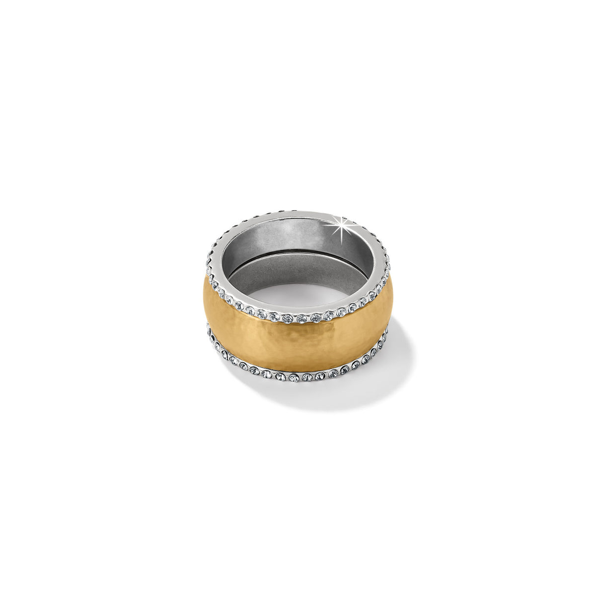 Gold plated Meridian Geo Band ring with a universal globe graphic pattern and hand-set crystal accent.