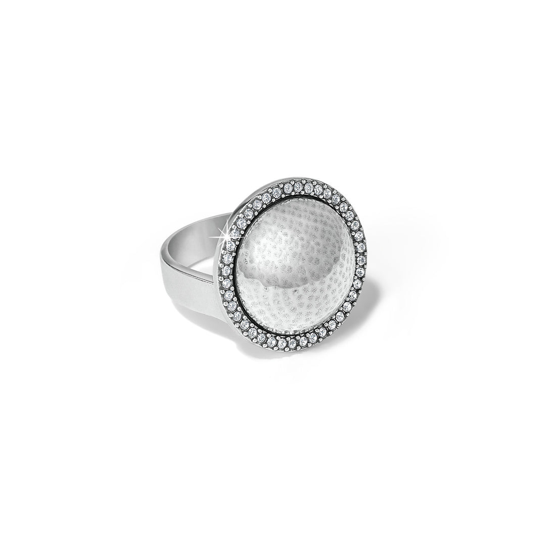 Silver plated domed ring with artisan hand-set crystals in a universal globe graphic pattern.
