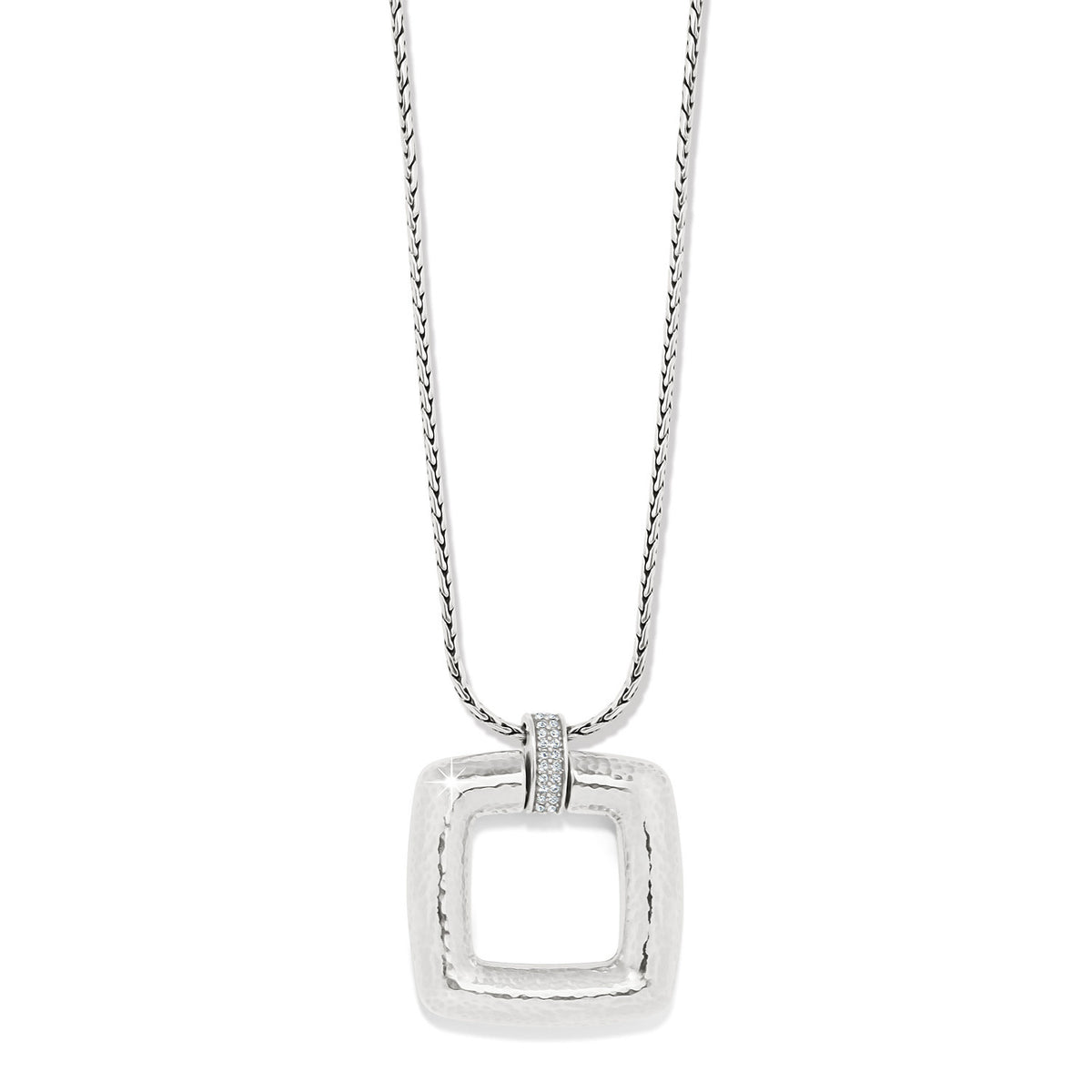 Silver plated adjustable necklace with a geometric dew pendant on an 18-inch chain.