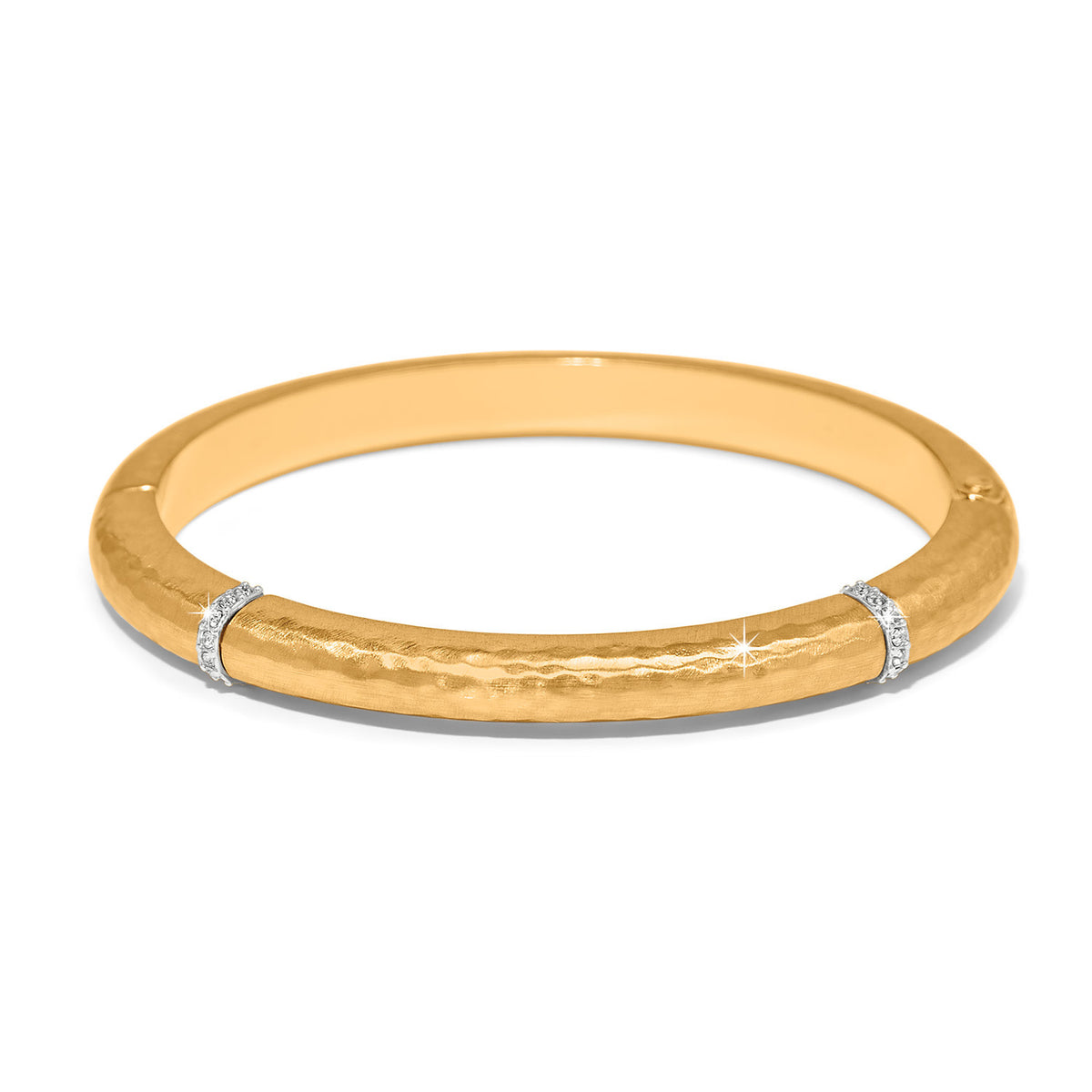 Gold hinged bangle with hammered texture and hand-set crystal accents