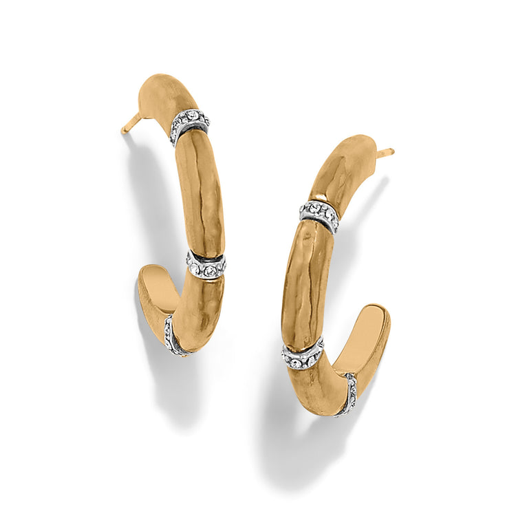 Gold plated open hoop earrings featuring a geometric crystal drop on a flat disc post.