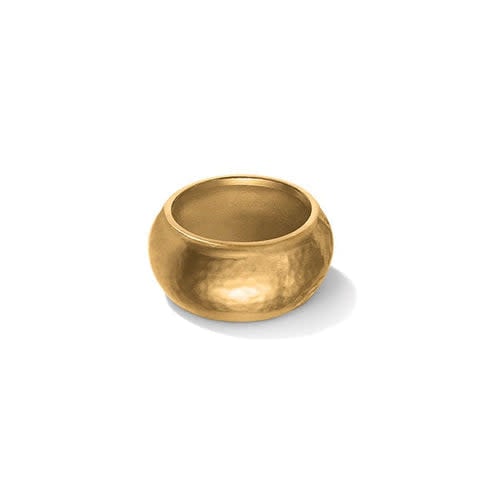 Brushed gold Meridian Geo ring with a geometric band measuring 7/16 inch wide.