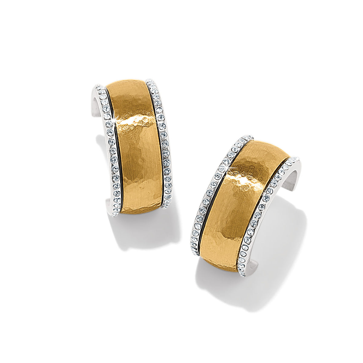 Small two-tone gold-brushed hoop earrings with silver-gold finish featuring hand-set crystals and a geometric pattern.