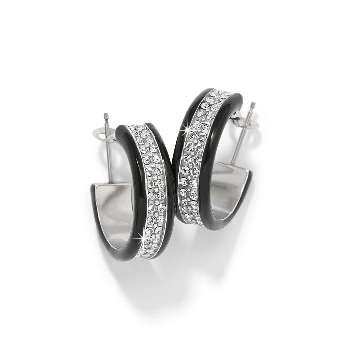 Silver-black Meridian hoop earrings with gold-plated enamel finish and pave crystals on post backs.
