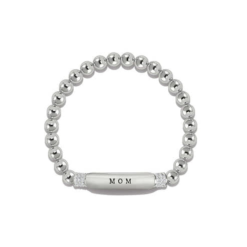 Silver plated stretch bracelet with delicate finish designed as a gift for mom.