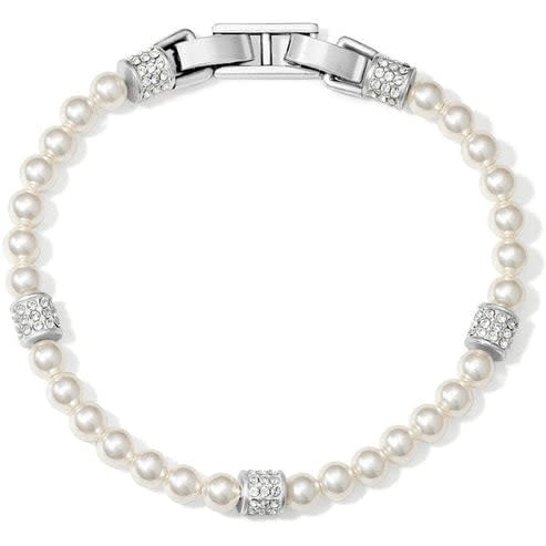 Silver-plated adjustable bracelet featuring glass pearls and crystals with a fold-over clasp.
