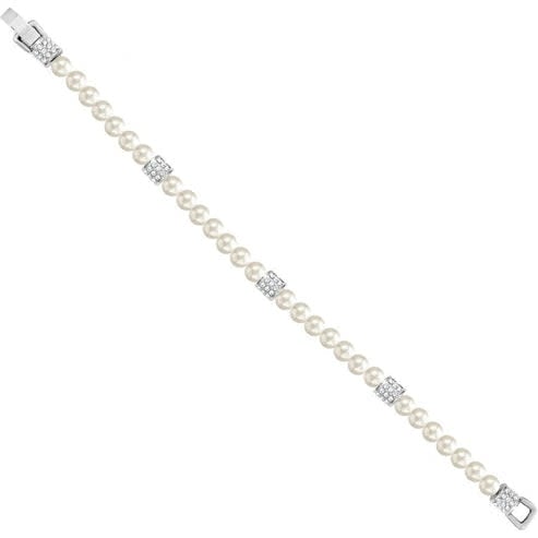 Silver-plated fold-over clasp bracelet featuring glass pearls and crystals