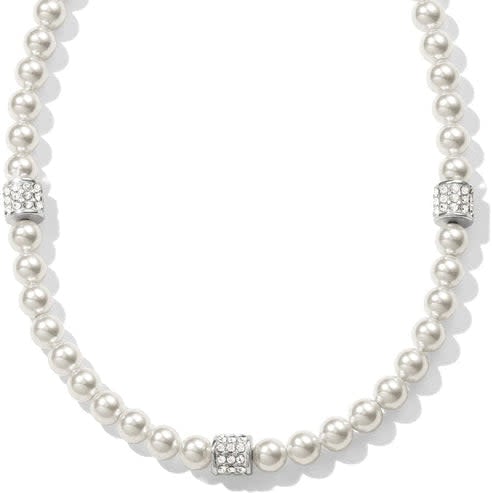 Silver-plated necklace with crystal pearl beads in a Meridian motif station design on an adjustable chain.
