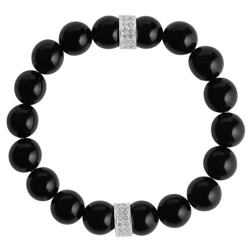 Blue stretch bracelet with silver-plated finish featuring bold beads and pave crystals.