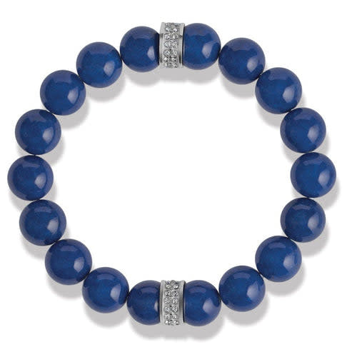 Blue stretch bracelet with silver-plated finish featuring bold beads and pave crystals.