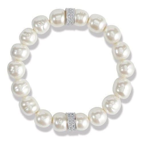 Blue stretch bracelet with silver-plated finish featuring bold beads and pave crystals.