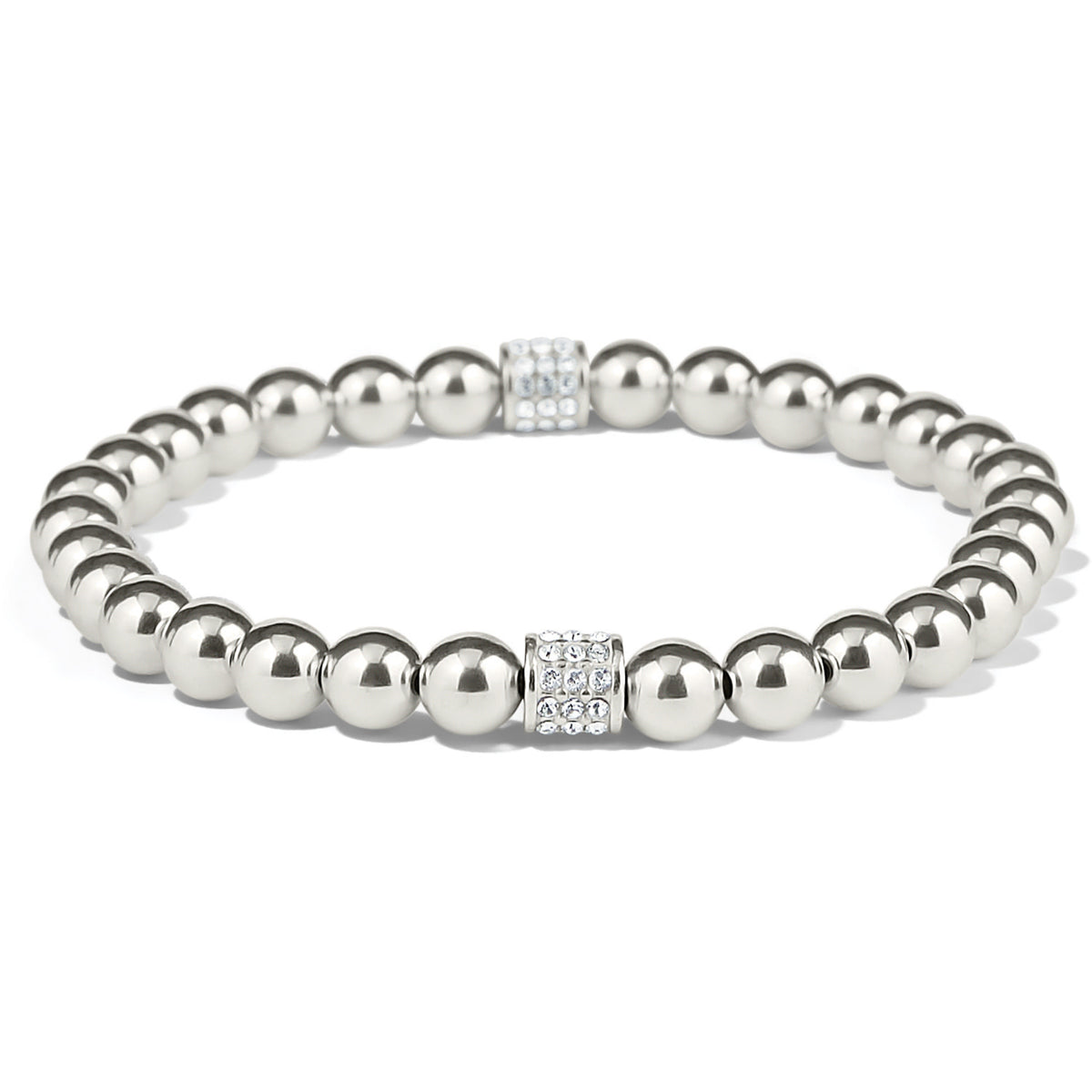 Blue stretch bracelet with silver-plated finish featuring bold beads and pave crystals.