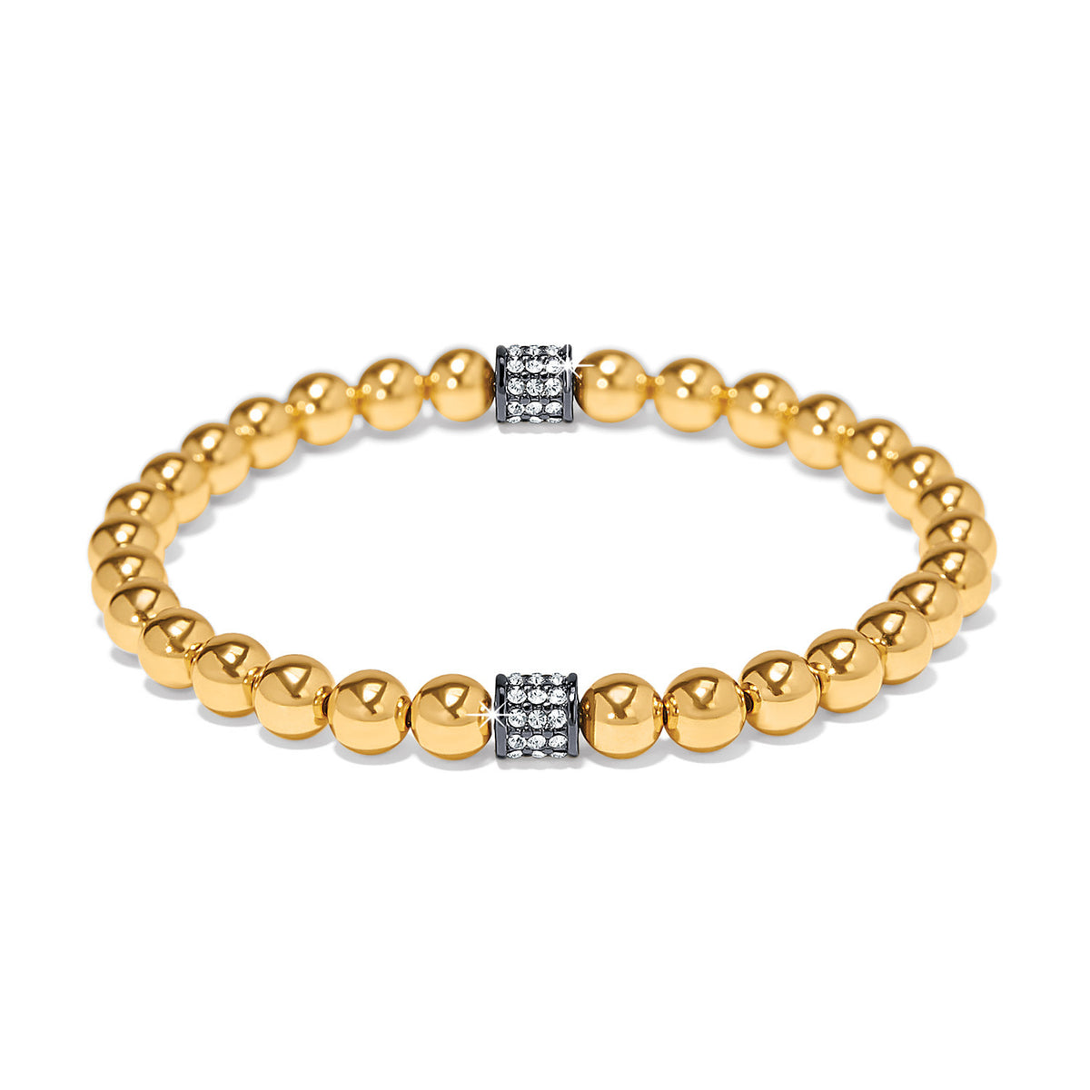 Blue stretch bracelet with silver-plated finish featuring bold beads and pave crystals.