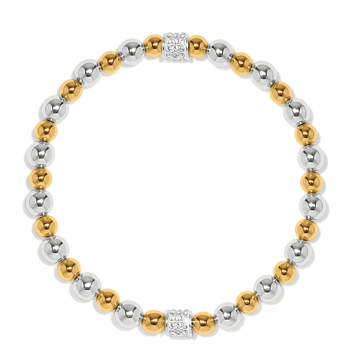 Two-tone silver and gold stretch bracelet featuring fine quality crystals on a quarter-inch wide band.