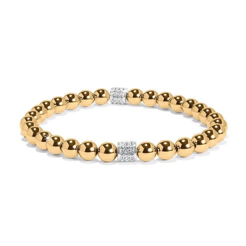 Blue stretch bracelet with silver-plated finish featuring bold beads and pave crystals.