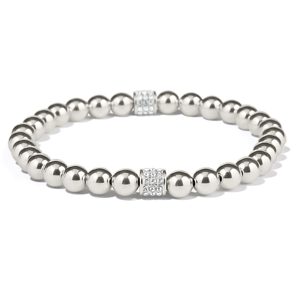 Blue stretch bracelet with silver-plated finish featuring bold beads and pave crystals.