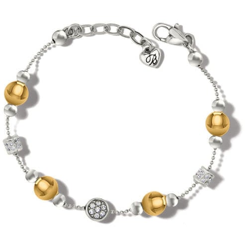 Two-tone silver and gold station bracelet with hand-set pave crystals on a lobster claw clasp.