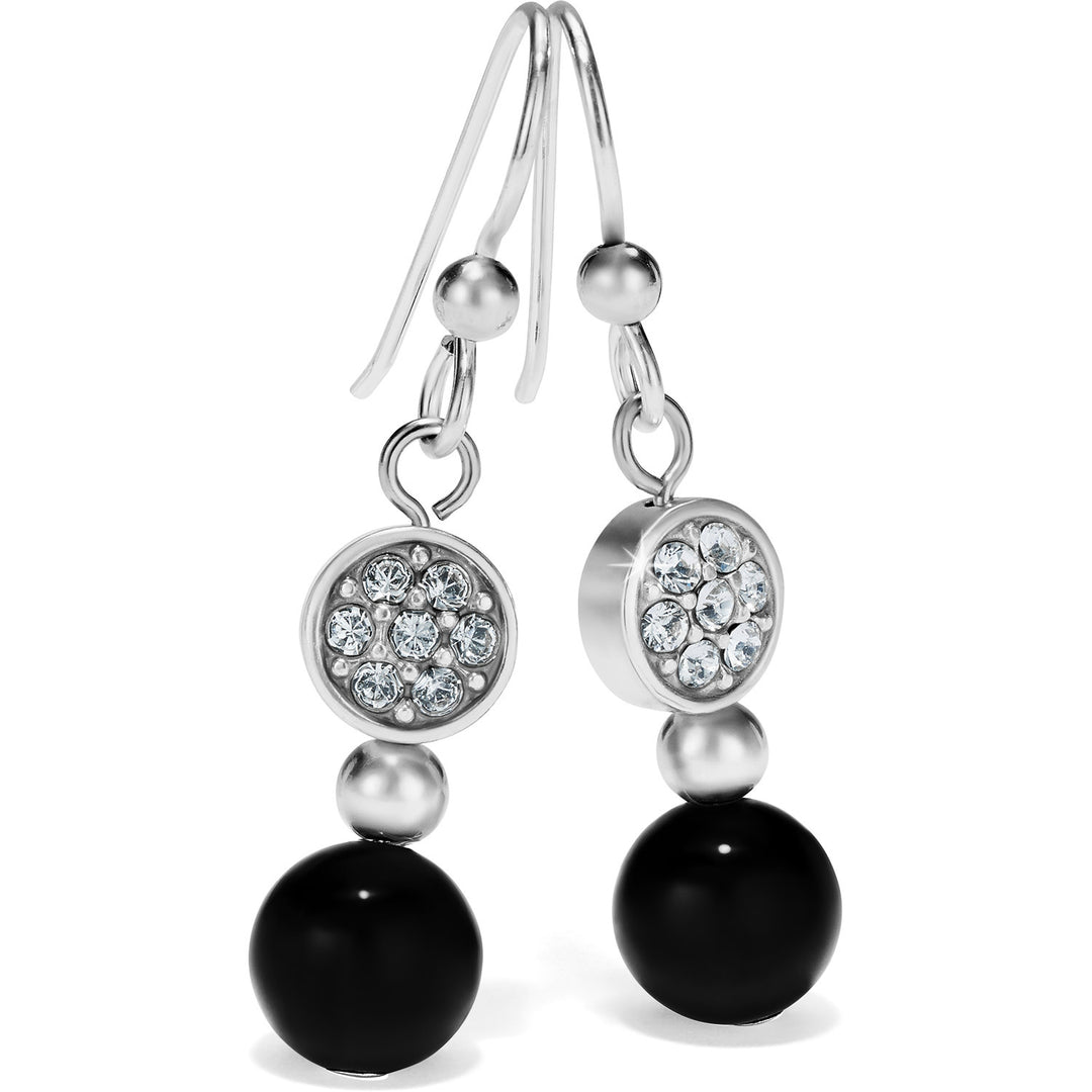Silver-plated French wire earrings with black agate stones and fine crystals.