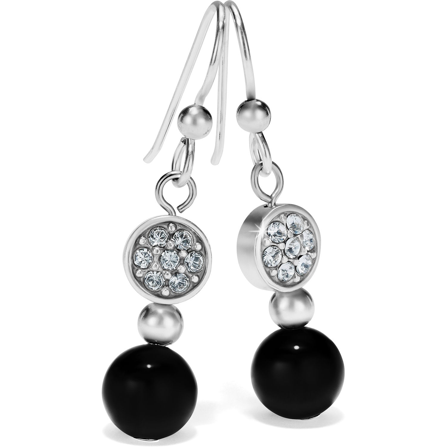 Silver-plated French wire earrings with black agate stones and fine crystals.
