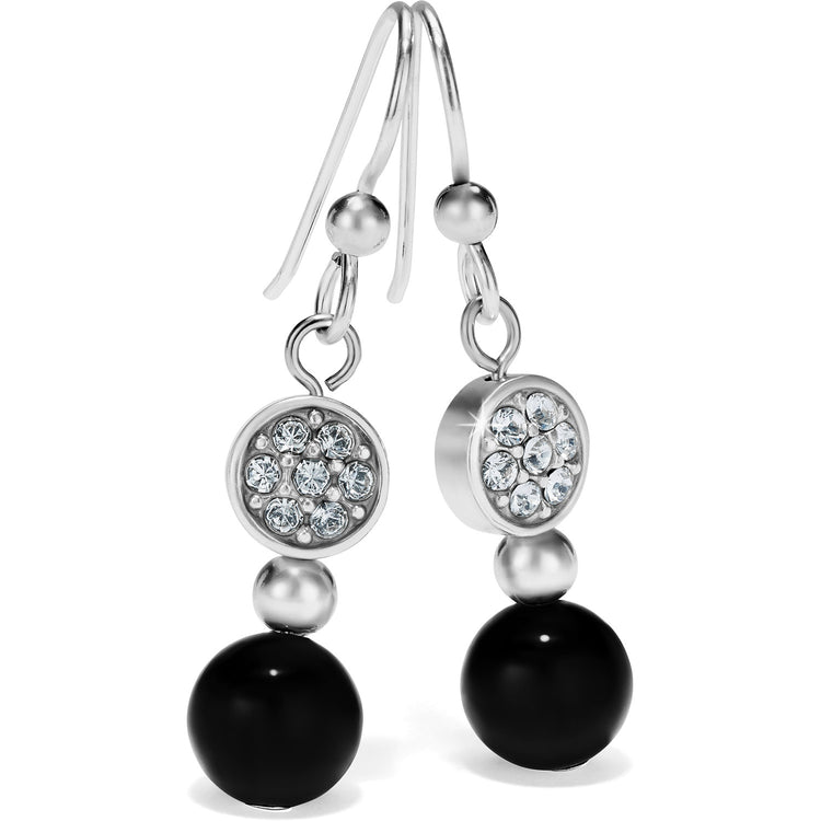 Silver-plated French wire earrings with black agate stones and fine crystals.