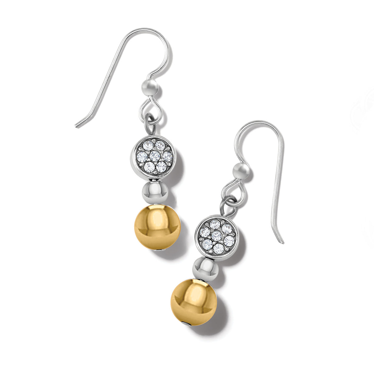 Silver-gold two-tone French wire earrings with hand-set crystals