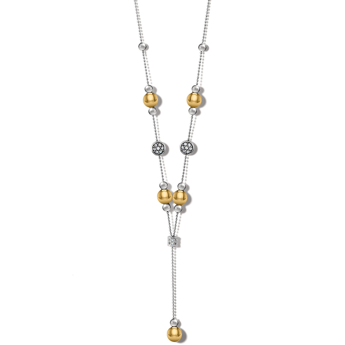 Two-tone silver and gold Y-necklace with pave crystal stations on an adjustable chain.