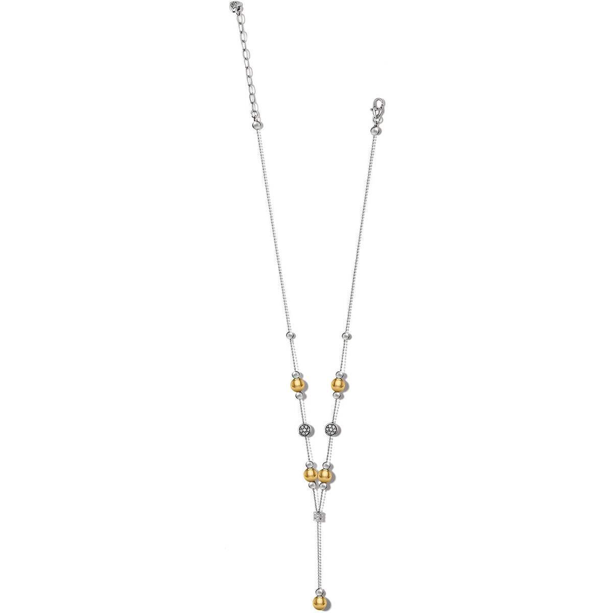 Two-tone silver and gold Y-necklace with pave crystal stations on an adjustable chain.