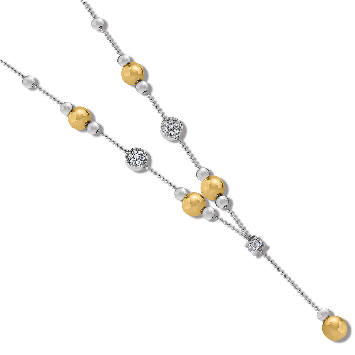 Two-tone silver and gold Y-necklace with pave crystal stations on an adjustable chain.