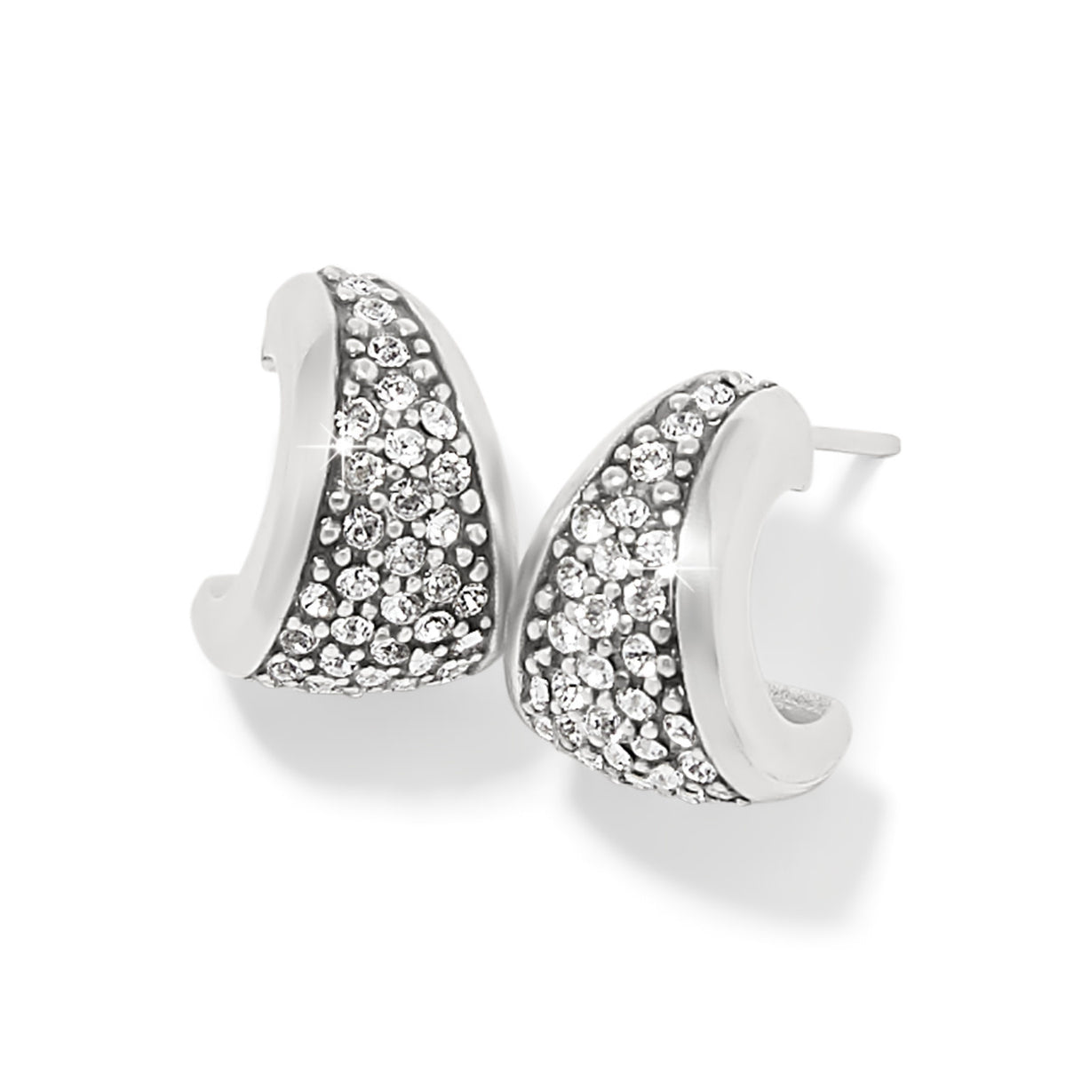 Silver plated small hoop earrings with post backs featuring fine quality crystals.
