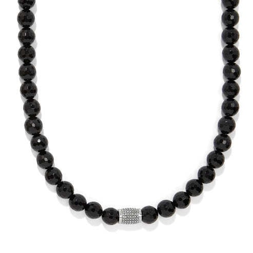 Adjustable silver-plated necklace with faceted black onyx beads and pave crystal stations.