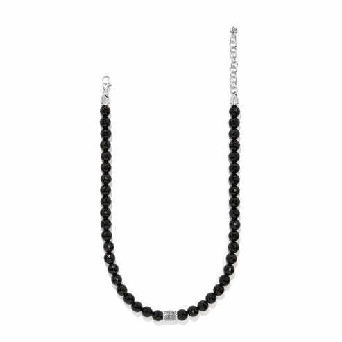 Adjustable black onyx bead necklace with silver-plated pave crystal stations