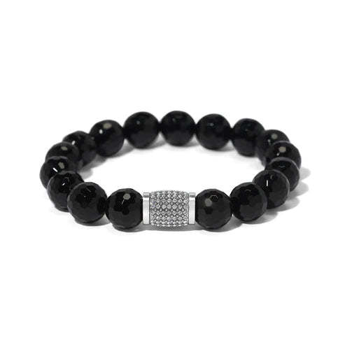 Black onyx beaded stretch bracelet with gold-plated pave crystal stations